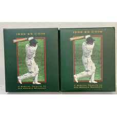 AUSTRALIA 1996 . 2 x FIVE 5 DOLLAR COINS . SIR DONALD BRADMAN